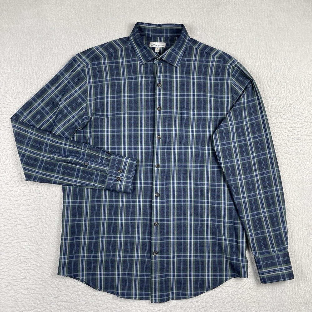 Peter Millar Shirt Mens Large Blue Green Plaid Preppy Travel Casual Workwear